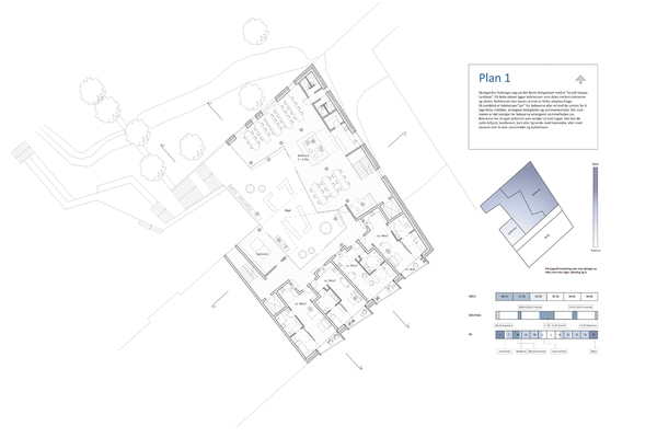 Plan, 1.boligetasje. Kafeteria og uteområde med direkte forbindelse til skolegården