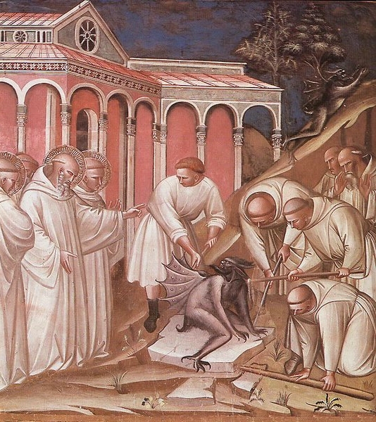 Ved eksorsisme brukes bønn for å drive ut demoner og onde ånder. Illustrasjon: Spinello Aretino “Exorcism of St. Benedtict” (1387).