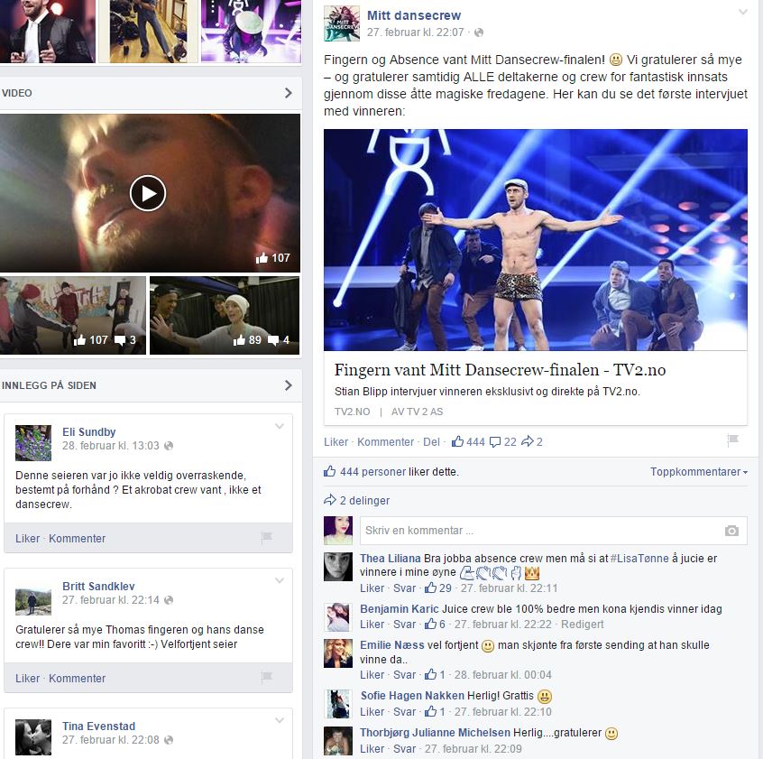 Finalen i TV2s "Mitt dansecrew" er over, og på Facebook diskuteres det hvorvidt vinneren er verdig. Velkommen inn i deltakerkulturen! (Skjermdump fra Facebook)