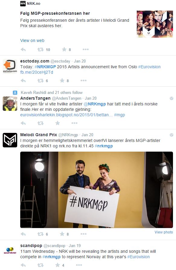 Fysiske tradisjoner utfordres, og vi samles kanskje oftere i virtuelle møterom enn foran TV-en. NRK gjør seg klare for virtuell MGP-diskusjon med lansering av egen hashtag. (Skjermdump fra Twitter)